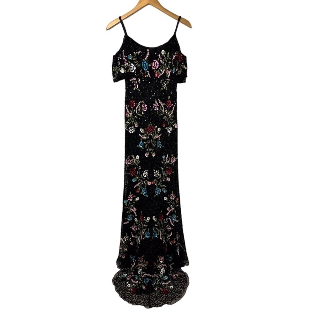 Mac Duggal Cold Shoulder Sequin Floral Gown Dress Black Size 2 Formal Black Tie - Picture 7 of 13